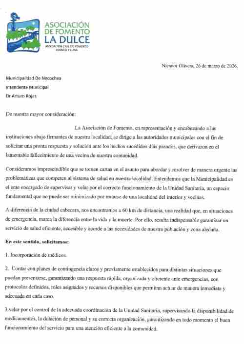 La Asociación de Fomento junto a demás instituciones, entregaron un petitorio de reunión al Intendente Rojas