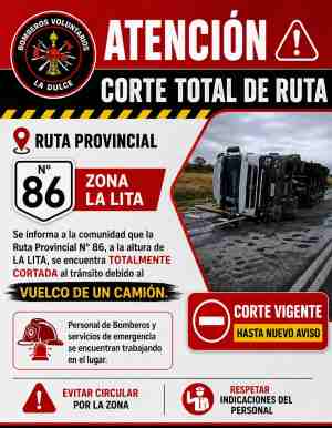 Volcó un camión en Ruta 86. La ruta está con corte total